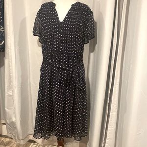 JBS polkadot Navy & lavender polka dot chiffon midi dress. With a tie at waist.